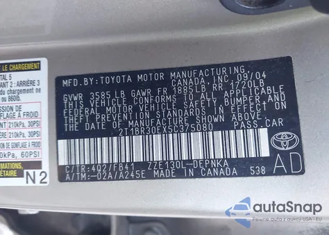 2005 Toyota Corolla Le from USA, damaged, VIN 2T1BR30EX5C375080